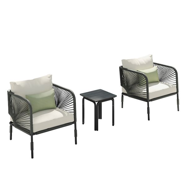 Sirio Hibiscus 3piece Metal Dark Wicker Club Chair Set, OffWhite