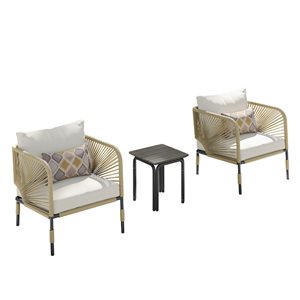Sirio Hibiscus 3-piece Metal Light Wicker Club Chair Set - Off-White Cushions