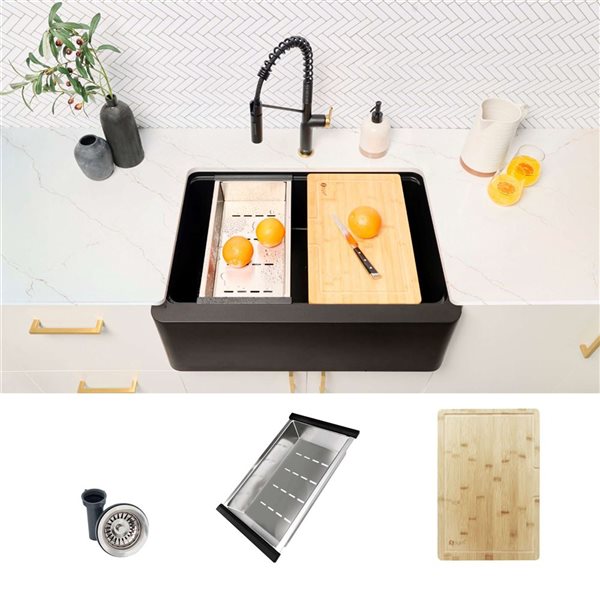 Image of Stylish | Farmhouse 30-In Black Composite Workstation Single Bowl Apron Kitchen Sink With Built-In Accessories | Rona