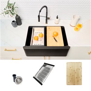 Stylish Farmhouse 30-in Black Composite Workstation Single Bowl Apron Kitchen Sink with Built-in Accessories