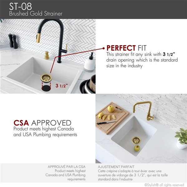 Stylish ST-08 3.5-in Brushed Gold Stainless Steel Kitchen Sink Strainer with Removable Basket