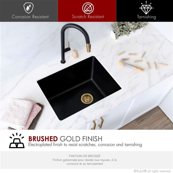 Stylish ST-08 3.5-in Brushed Gold Stainless Steel Kitchen Sink Strainer with Removable Basket