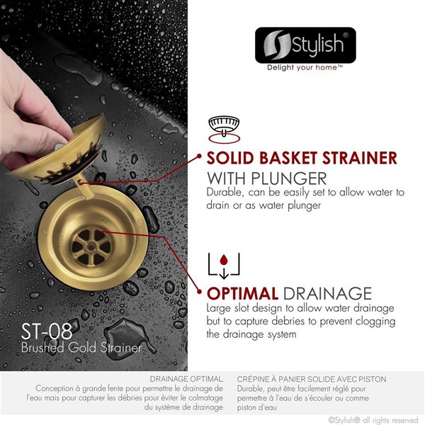 Stylish ST-08 3.5-in Brushed Gold Stainless Steel Kitchen Sink Strainer with Removable Basket