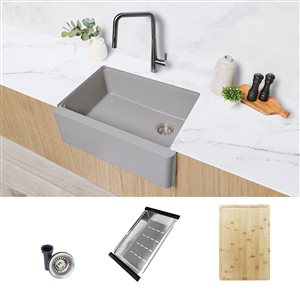 Stylish Farmhouse 30-in Grey Composite Workstation Single Bowl Apron Kitchen Sink with Built-in Accessories