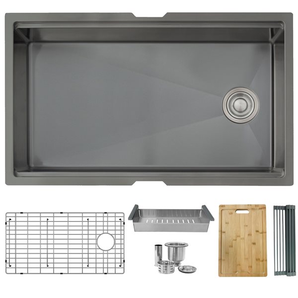 Stylish Versa 33-in Graphite Black Handmade Workstation Single Bowl Kitchen Sink with Built-in Accessories