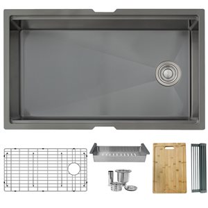 Évier de cuisine à cuve unique pour poste de travail Versa par Stylish noir graphite fait à la main de 33 pouces avec acce…