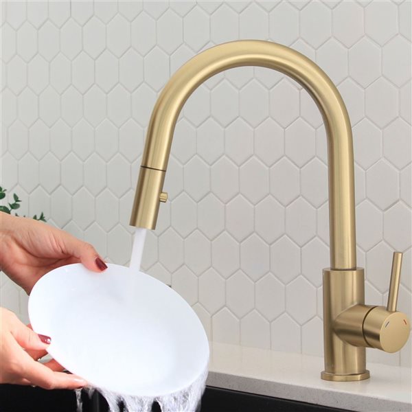 Stylish Brushed Gold Pull Down Kitchen Faucet with Soap Dispenser