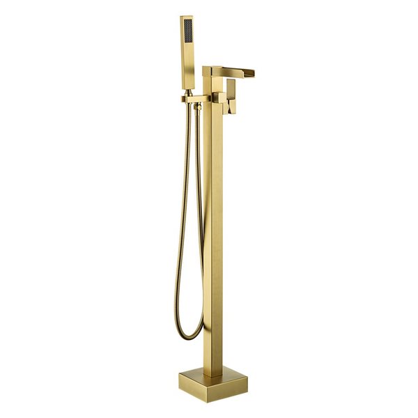 Flynama Brushed Gold Single Handle Freestanding Waterfall Bathtub Faucet with Hand Held Shower