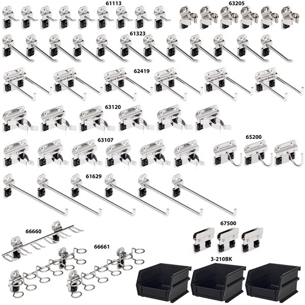 Triton Products 63-Pc Stainless Steel Hook and Bin Asmt for Stainless Steel LocBoard - 60 Hooks + 3 Bins