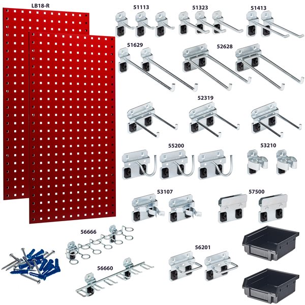 Triton Products 18 W x 36-in H Red Steel Square Hole Pegboards w/ 30-Piece LocHook asmt and Hanging Bin System - 2-Pack