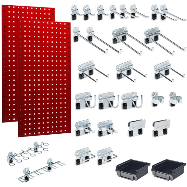 Triton Products 18 W x 36-in H Red Steel Square Hole Pegboards w/ 30-Piece LocHook asmt and Hanging Bin System - 2-Pack