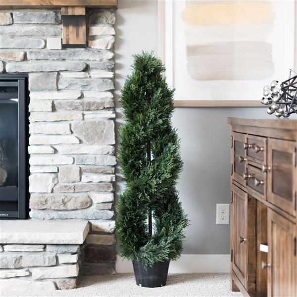 Vickerman 4-ft Artificial Green Cedar Double Spiral Topiary in Black Plastic Pot