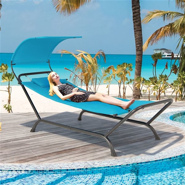 Costway Blue Patio Hanging Chaise Lounge w/ Canopy, Cushion, Pillow & Storage Bag