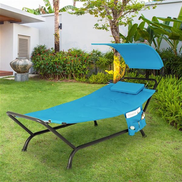 Costway Blue Patio Hanging Chaise Lounge w/ Canopy, Cushion, Pillow & Storage Bag