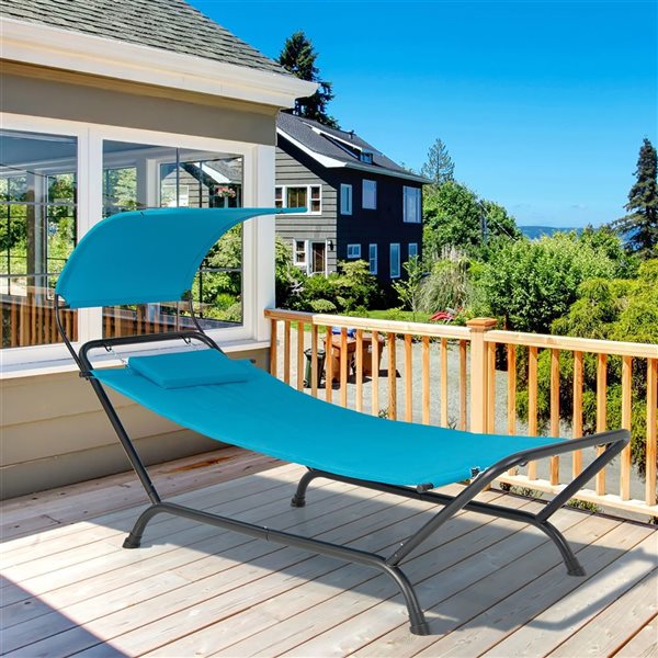 Costway Blue Patio Hanging Chaise Lounge w/ Canopy, Cushion, Pillow & Storage Bag