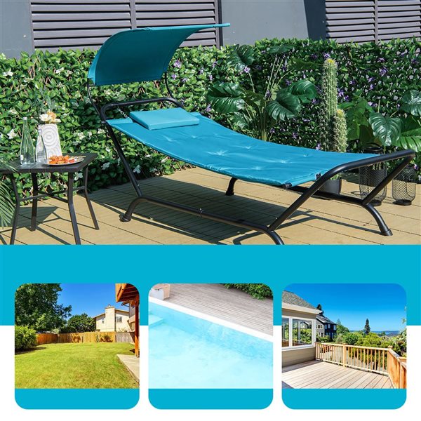 Costway Blue Patio Hanging Chaise Lounge w/ Canopy, Cushion, Pillow & Storage Bag