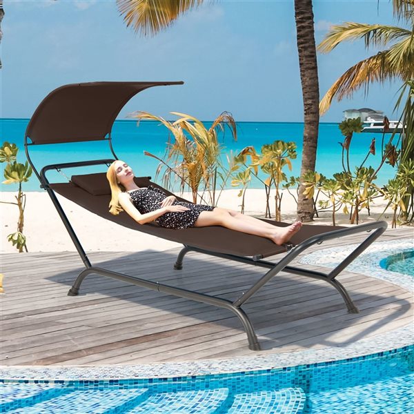 Costway Patio Hanging Chaise Lounge w/ Canopy, Cushion, Pillow & Storage Bag - Brown