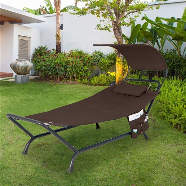 Costway Patio Hanging Chaise Lounge w/ Canopy, Cushion, Pillow & Storage Bag - Brown