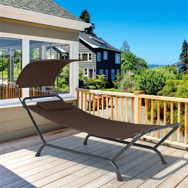 Costway Patio Hanging Chaise Lounge w/ Canopy, Cushion, Pillow & Storage Bag - Brown