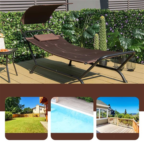 Costway Patio Hanging Chaise Lounge w/ Canopy, Cushion, Pillow & Storage Bag - Brown