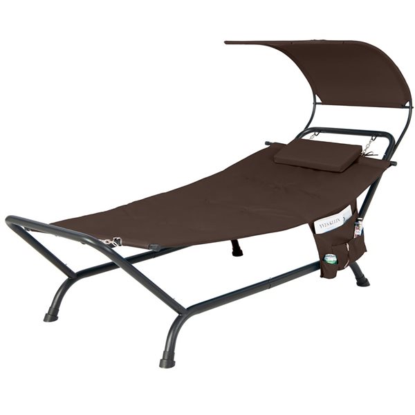 Costway Patio Hanging Chaise Lounge w/ Canopy, Cushion, Pillow & Storage Bag - Brown