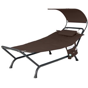 Costway Patio Hanging Chaise Lounge w/ Canopy, Cushion, Pillow & Storage Bag - Brown