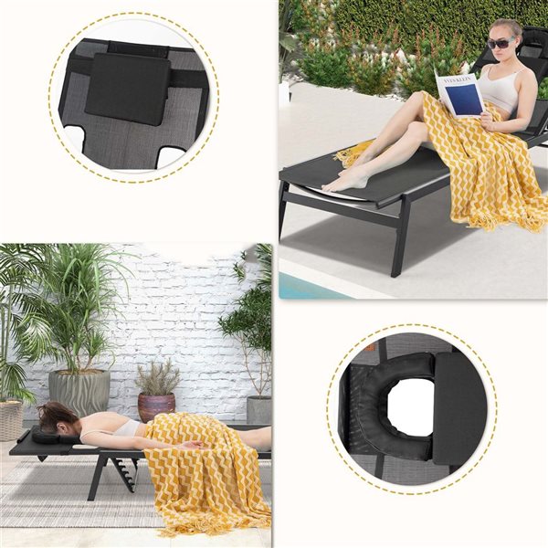 Costway 5-Position Black Reclining Patio Tanning Lounge Chair