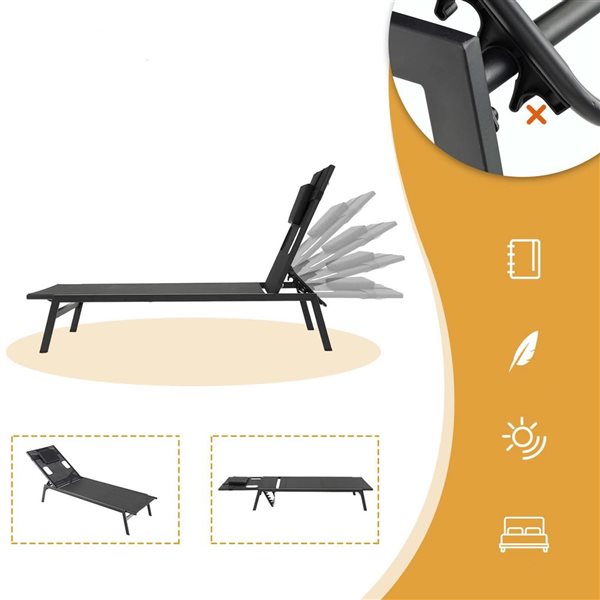 Costway 5-Position Black Reclining Patio Tanning Lounge Chair