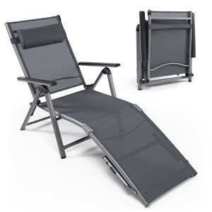 Costway Black Patio Folding Aluminum Lounge Chair w/ Adjustable Back,  Armrest and Headrest