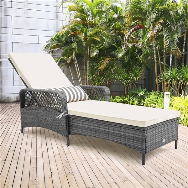 Costway 6-Level Grey Outdoor Reclining Chaise Lounge w/ White Cushion & Pillow