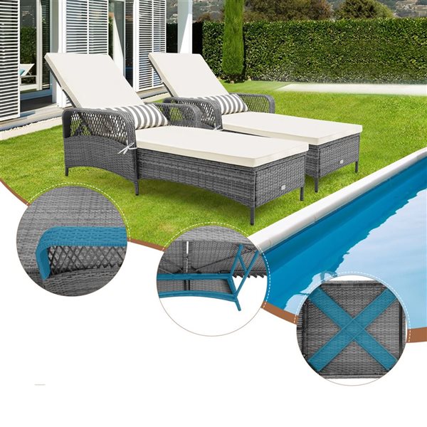 Costway 6-Level Grey Outdoor Reclining Chaise Lounge w/ White Cushion & Pillow