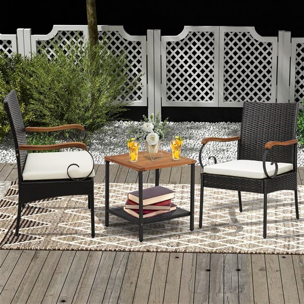 Costway 2-Piece Patio PE Wicker Chairs w/ Acacia Wood Armrests and Soft Zippered White Cushion