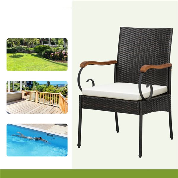 Costway 2-Piece Patio PE Wicker Chairs w/ Acacia Wood Armrests and Soft Zippered White Cushion