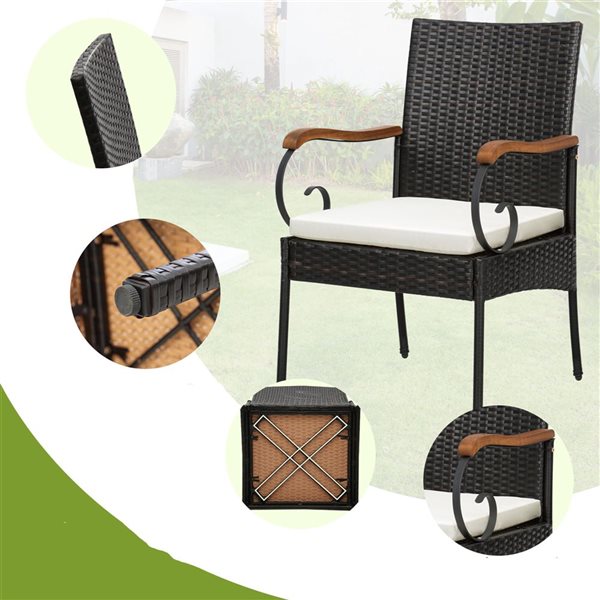 Costway 2-Piece Patio PE Wicker Chairs w/ Acacia Wood Armrests and Soft Zippered White Cushion