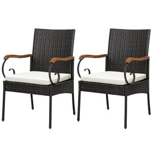 Costway 2-Piece Patio PE Wicker Chairs w/ Acacia Wood Armrests and Soft Zippered White Cushion