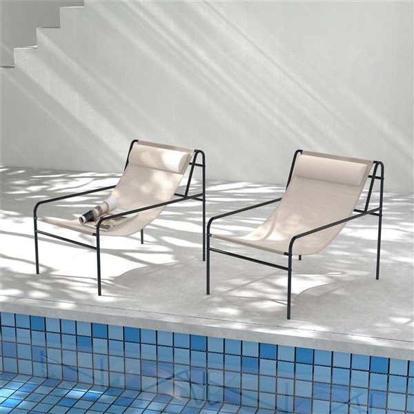 Costway 2-Piece Beige Patio Sling Lounge Chair with Removable Headrest Pillow