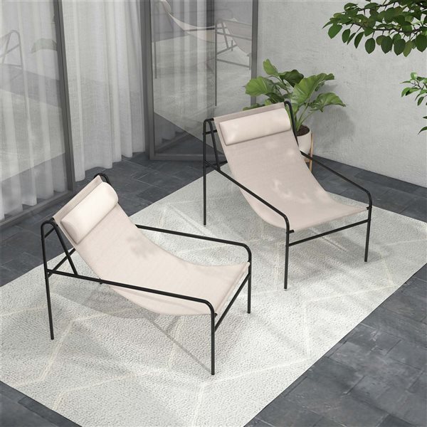 Costway 2-Piece Beige Patio Sling Lounge Chair with Removable Headrest Pillow