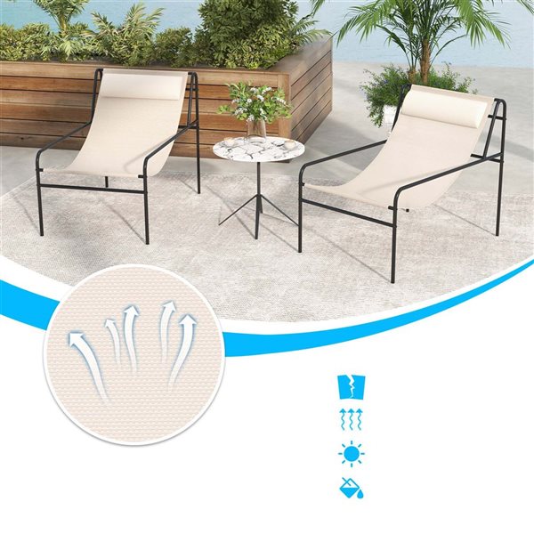 Costway 2-Piece Beige Patio Sling Lounge Chair with Removable Headrest Pillow
