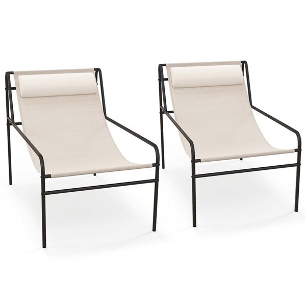 Costway 2-Piece Beige Patio Sling Lounge Chair with Removable Headrest Pillow