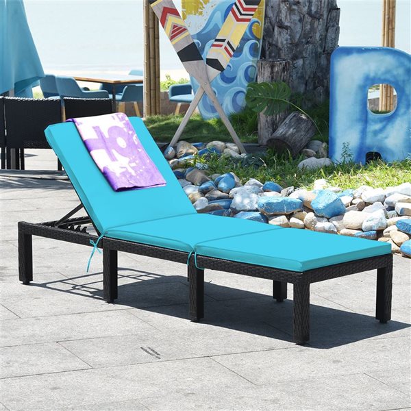 Costway 2-Piece Adjustable Rattan Patio Chaise Lounge w/ Turquoise Cushion