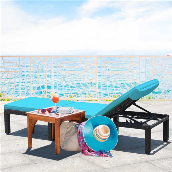 Costway 2-Piece Adjustable Rattan Patio Chaise Lounge w/ Turquoise Cushion