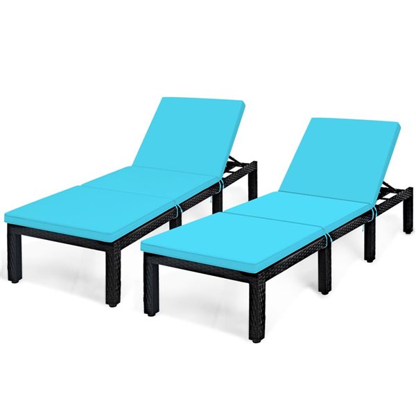 Costway 2-Piece Adjustable Rattan Patio Chaise Lounge w/ Turquoise Cushion