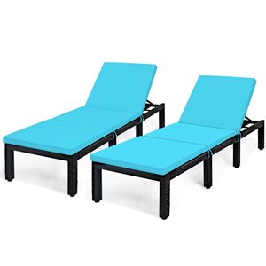 Costway 2-Piece Adjustable Rattan Patio Chaise Lounge w/ Turquoise Cushion