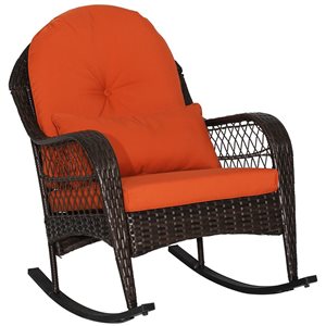 Costway Wicker Rocking Chair w/ Seat Back Cushions & Lumbar Pillow - Orange