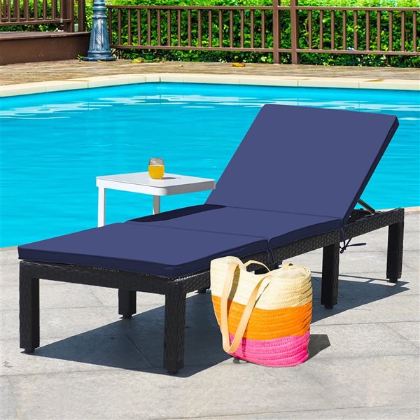 Costway Patio Rattan Reclining Lounge Chaise w/ Navy or White Cover