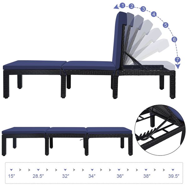 Costway Patio Rattan Reclining Lounge Chaise w/ Navy or White Cover