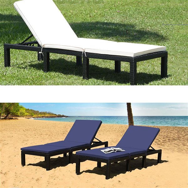 Costway Patio Rattan Reclining Lounge Chaise w/ Navy or White Cover