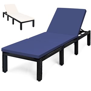 Costway Patio Rattan Reclining Lounge Chaise w/ Navy or White Cover