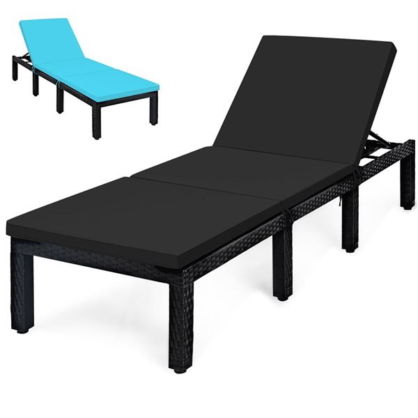 Costway Black Patio Rattan Reclining Lounge Chaise w/ Turquoise Cushion