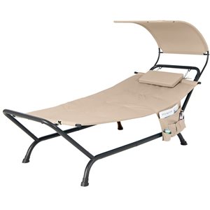 Costway Patio Hanging Chaise Lounge w/ Canopy, Cushion, Pillow & Storage Bag - Beige